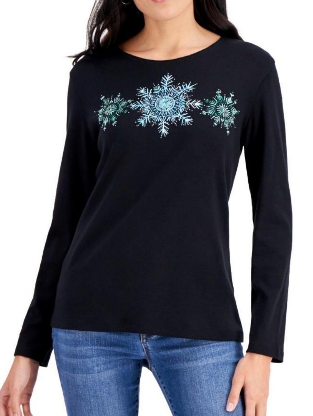 Karen Scott Black Long-Sleeve Tee with Blue Snowflake Embroidery